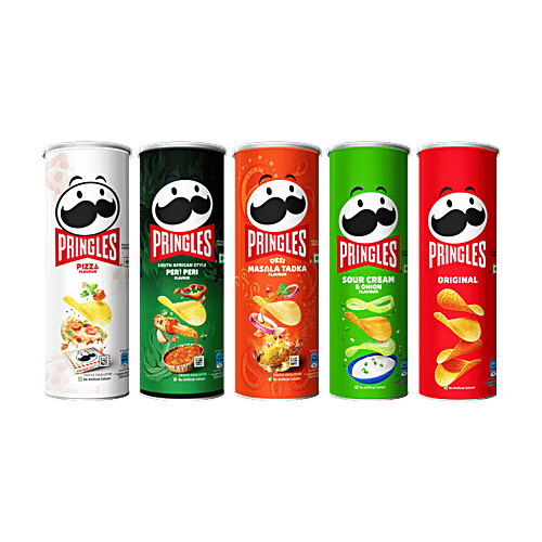 Pringles Potato Chips + Sour Cream-Onion + Pizza + Peri Peri + Desi Masala Party snacks, Combo 5 items