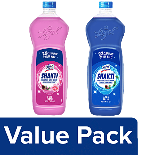 Lizol Shakti Disinfectant Floor Cleaner Aqua Fresh + Rose Fresh 900ml each, Combo (2 items) 
