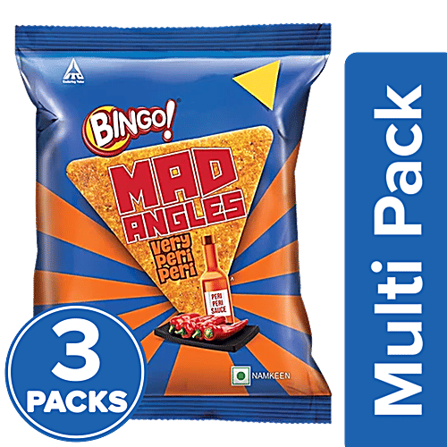 Bingo! Mad Angles Very Peri Peri Corn Based, Spicy Crunchy Chips, Perfect For Snacking, 3 x 33 g Multipack 