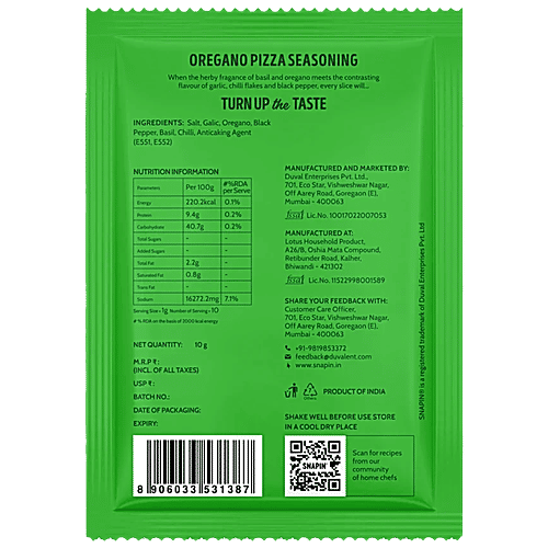 SNAPIN Oregano Pizza Seasoning - Italian Herbs Blend  Adds Flavour for Snacks, 3 x 10 g Multipack 