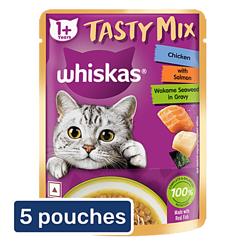 Whiskas Tasty Mix Chicken With Salmon Wakame Seaweed In Gravy Adult Cat Wet Food, 5x70 g (Multipack) 