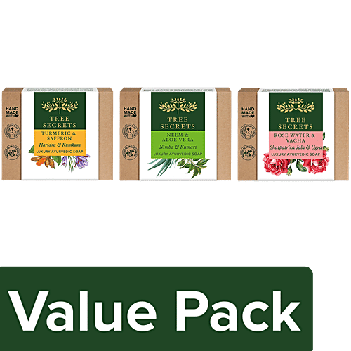Tree Secrets Luxury Ayurvedic Soap - Turmeric & Saffron +Neem & Aloe Vera + Rosewater & Vacha, Combo 3 Items
