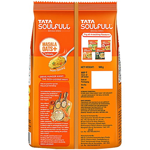 Tata Soulfull Masala Oats+ - With 25% Millets, Mast Masala, Non-Sticky, 2 x 500 g Multipack 