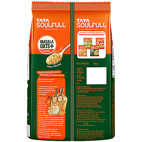 Tata Soulfull Masala Oats+ - With 25% Millets, Desi Veggie, Non Sticky, 2 x 500 g Multipack 