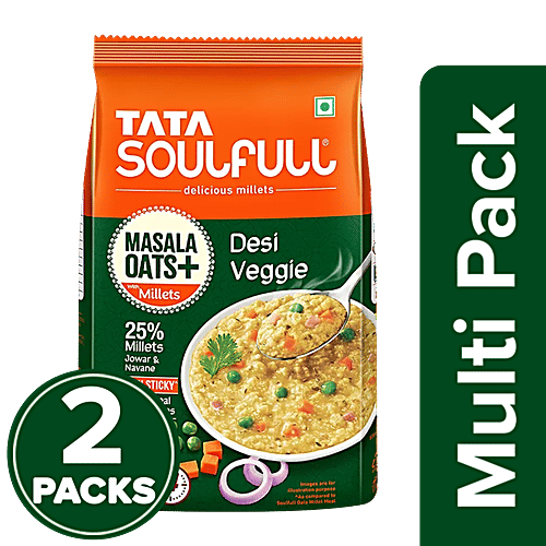 Tata Soulfull Masala Oats+ - With 25% Millets, Desi Veggie, Non Sticky, 2 x 500 g Multipack 