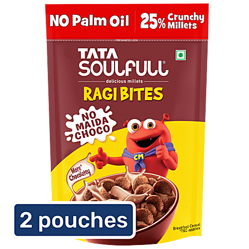 Tata Soulfull Ragi Bites No Maida Choco, 7 Grains, Protein Rich Breakfast Cereal, 2 x 375 g Multipack 