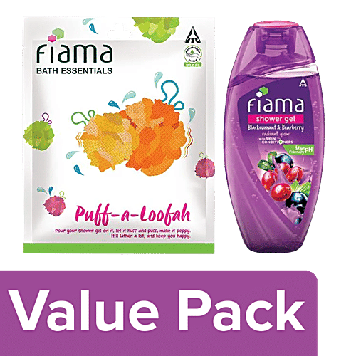 Fiama Blackcurrant & Bearberry Shower Gel 250 ml + Puff-A-Loofah Bath Essentials 1 pc, Combo 2 Items