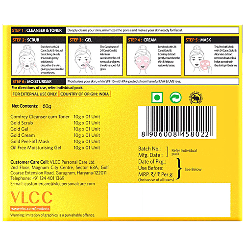 VLCC Gold Facial Kit 60 g + Gold Bleach 60 g + Manicure & Pedicure Kit 210 g, Combo (3 Items)
