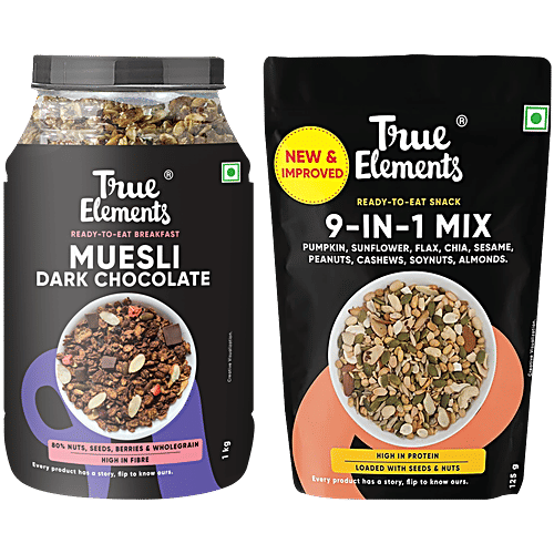 True Elements 9 In 1 Snack Mix, 125 g + Dark Chocolate Muesli, 1 kg, Combo (2 Items) High in Fibre