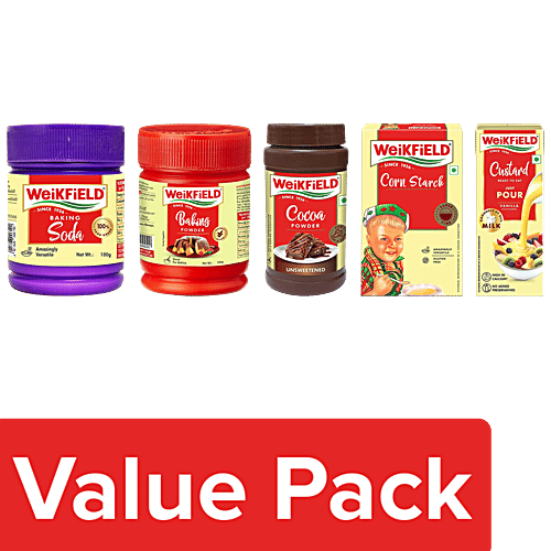 Weikfield BakingPowder+Soda,100gEach+CornStarch,500g+CocoaPowder,150g+VanillaCustard,200ml, Combo (5 Items)