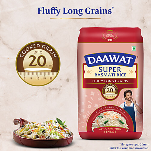 Daawat Super Basmati Rice, 2x1 kg (Multipack) Fluffy Long Grains, Cooked Grain upto 20mm