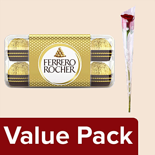 bb Combo Ferrero Rocher Chocolate Gift Pack, 16 pcs + fresho! Rose - Red Flower, 1 pc, Combo (2 Items)