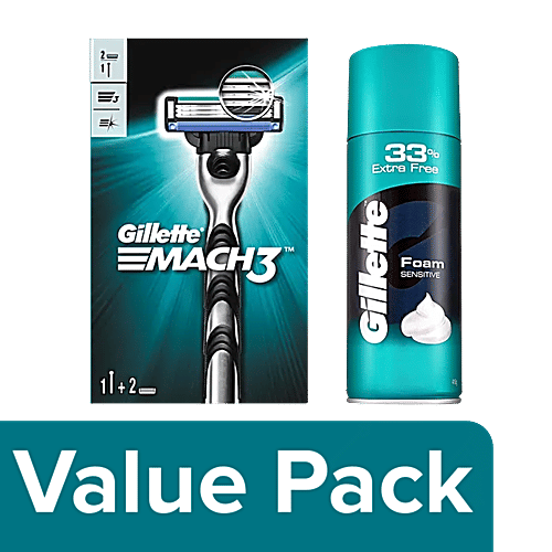 Gillette Classic Shaving Foam Sensitive + Mach 3 Manual Razor For Men With 2 Cartridges, 2 items