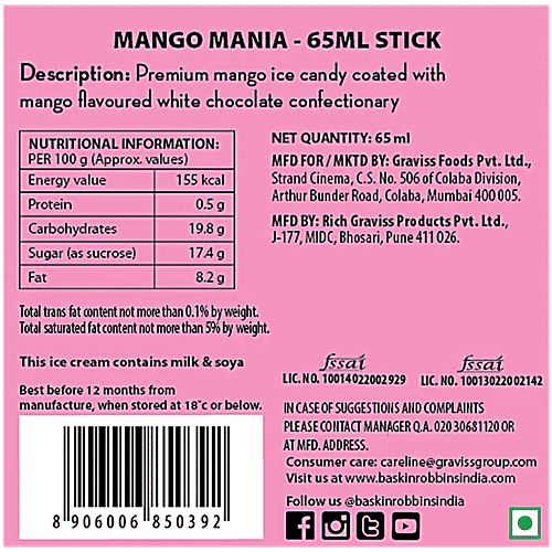 Baskin Robbins Mango Mania Ice Cream Bar, 2 x 65 ml (Multipack) 
