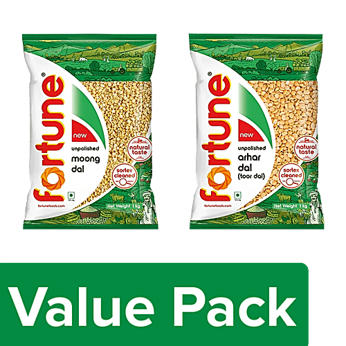 Fortune Unpolished Arhar/Toor Dal + Moong Dal, 1 kg Each, Combo (2 items) 