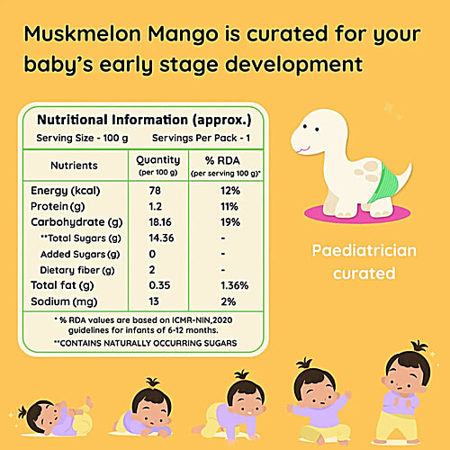 Rorosaur Muskmelon Mango Puree For Infants - 6+ Months, 3x100 g (Multipack) Ready to Eat Cereal & Porridge for Little One, Rich in Vitamins/Minerals/Proteins, No Added Sugar/Salt/Preservatives