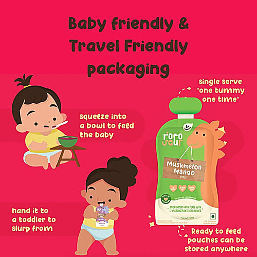 Rorosaur Muskmelon Mango Puree For Infants - 6+ Months, 3x100 g (Multipack) Ready to Eat Cereal & Porridge for Little One, Rich in Vitamins/Minerals/Proteins, No Added Sugar/Salt/Preservatives