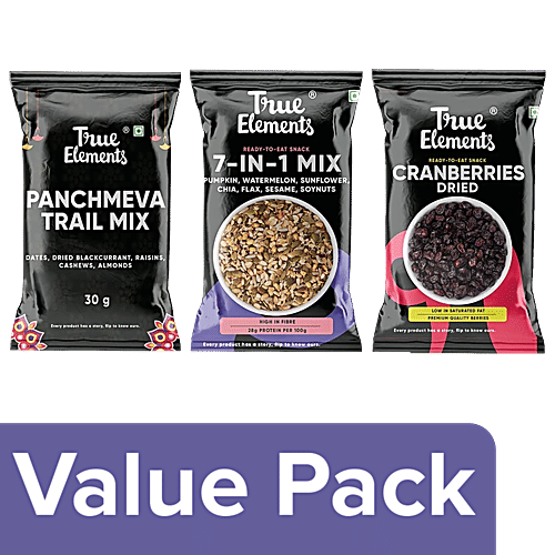 True Elements Panchmeva Trail Mix + 7 In 1 Super Seeds Mix, each 30g + Dried Cranberries, 20g, Combo 3 Items 