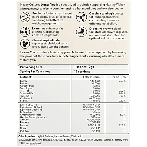 Happy Cultures Leaner You Lemon Flavoured Multistrain Probiotic Blend Nutraceutical For Adults, 2x30 g (Multipack)