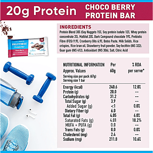 Pro.Fitness Choco Berry Protein Bar, 2x60 g (Multipack) High Protein, No Preservatives, Added Cranberry Bites, Crunchy