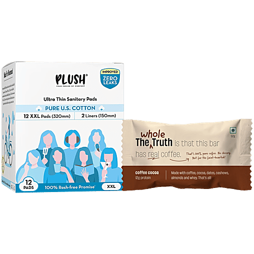 bb Combo Plush Ultrathin Sanitary Pads XXL 12pcs +WholeTruth Coffee Cocoa Protein Bar 52g, Combo 2 Items