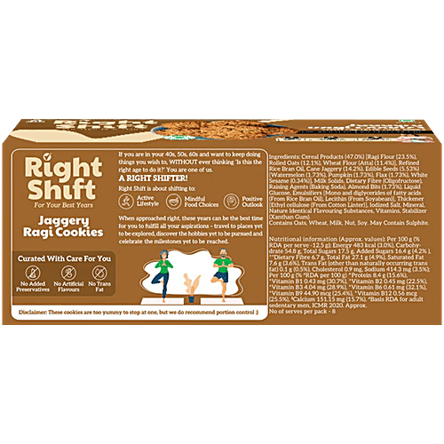 Right Shift Jaggery Ragi Cookies With Almond & Seeds - No Palm Oil, 0% Maida, 2x100 g (Multipack) Rich in Fibre, Source of Protein & Calcium, Source of 6 B Vitamins