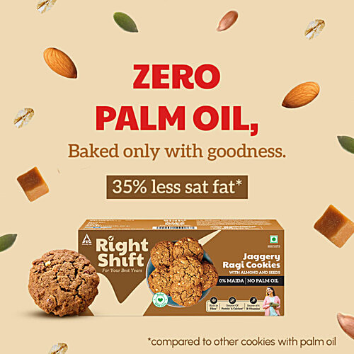 Right Shift Jaggery Ragi Cookies With Almond & Seeds - No Palm Oil, 0% Maida, 2x100 g (Multipack) Rich in Fibre, Source of Protein & Calcium, Source of 6 B Vitamins