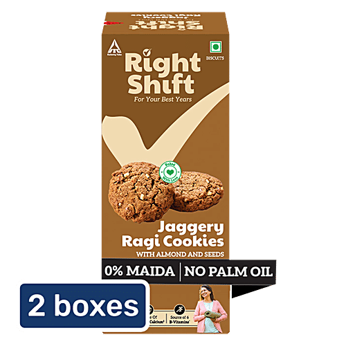 Right Shift Jaggery Ragi Cookies With Almond & Seeds - No Palm Oil, 0% Maida, 2x100 g (Multipack) Rich in Fibre, Source of Protein & Calcium, Source of 6 B Vitamins