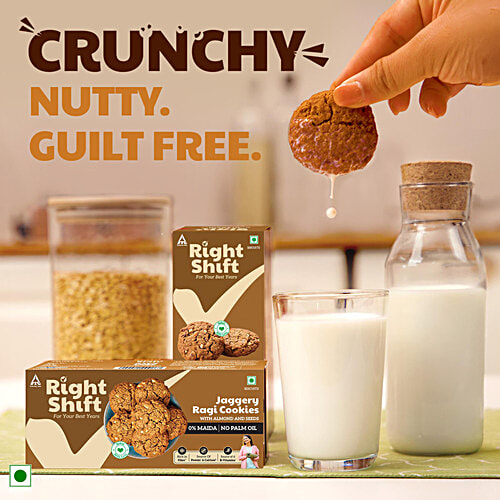 Right Shift Jaggery Ragi Cookies With Almond & Seeds - No Palm Oil, 0% Maida, 3x100 g (Multipack) Rich in Fibre, Source of Protein & Calcium, Source of 6 B Vitamins