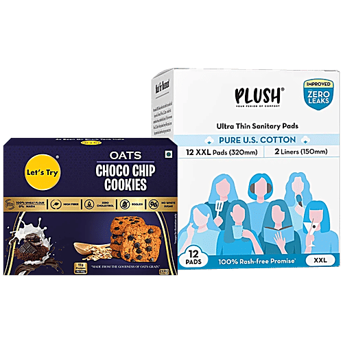 bb Combo Plush Ultra Thin XXL 12 Pads & 2 Liners + Let’s Try Oats Choco Chip Cookies 200g, Combo (2 Items)