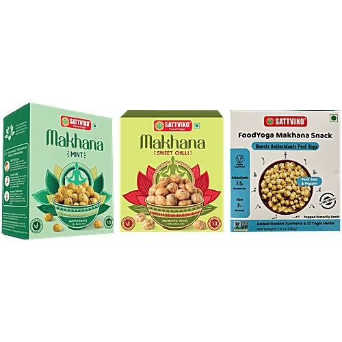 Sattviko Mint Makhana & Sweet Chilli Makhana & Foodyoga Pink Salt & Pepper, Each 40 g, Combo (3 Items) 