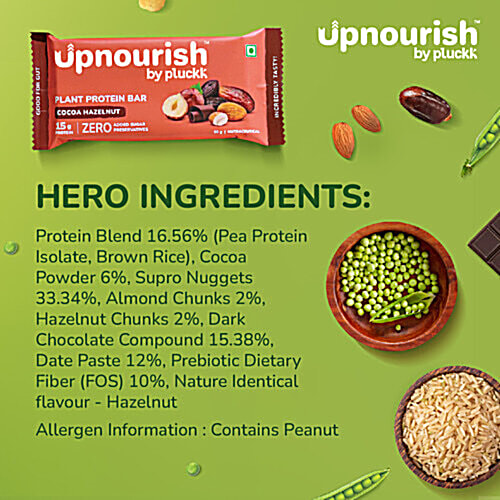 Upnourish by Pluckk Cocoa Hazelnut 15g Plant Protein Bar, 6x50 g (Multipack) Zero Added Sugar & Preservatives