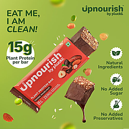 Upnourish by Pluckk Cocoa Hazelnut 15g Plant Protein Bar, 6x50 g (Multipack) Zero Added Sugar & Preservatives