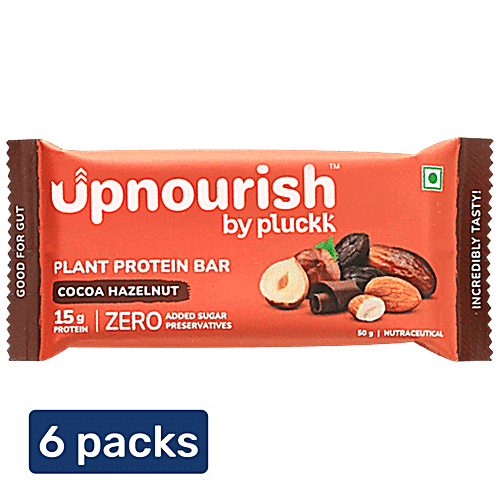 Upnourish by Pluckk Cocoa Hazelnut 15g Plant Protein Bar, 6x50 g (Multipack) Zero Added Sugar & Preservatives