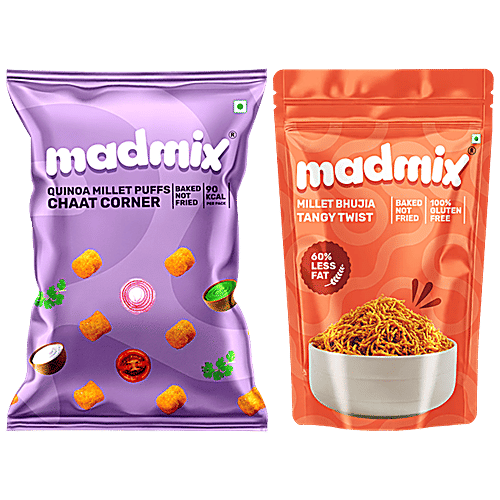 Madmix Tangy Twist Millet Bhujia125 g+Chaat Corner Quinoa Millet Puffs50 g, Combo (2 items)