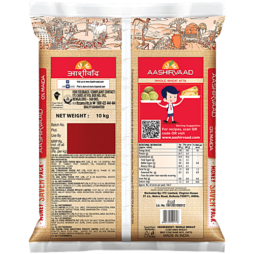 Aashirvaad Atta/Godihittu - Whole Wheat, 10 kg  No Maida, Atta