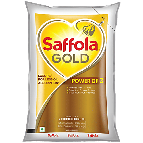 Saffola Gold Multi-Source Rice Bran & Sunflower Edible Oil, 910 g Pouch Fortified with Vitamins A & D, Triple Anti-Oxidant System, Good MUFA PUFA Balance