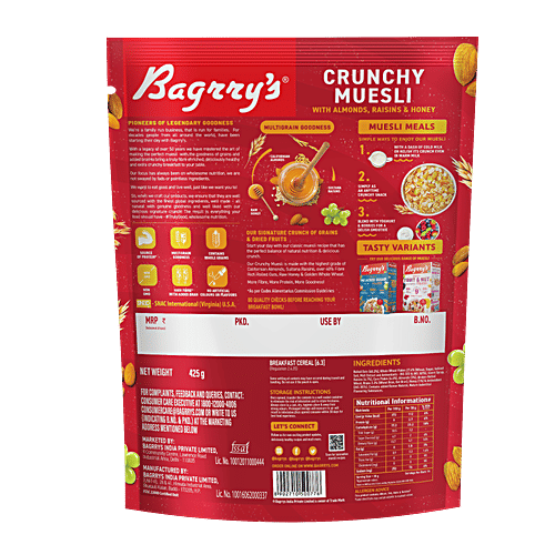 Bagrry's Crunchy Muesli - Almonds, Raisins, Honey, Oats, 425 g Pouch High Fibre