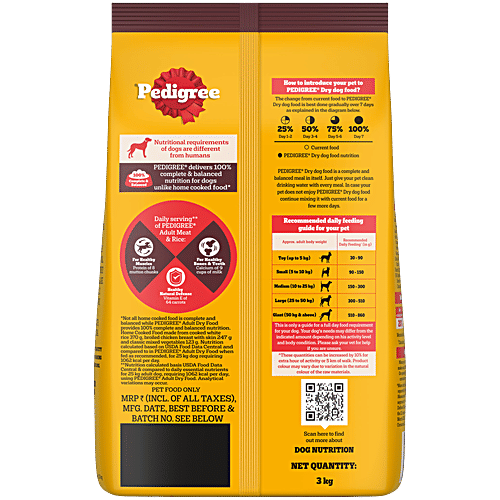 Pedigree Adult Dry Dog Food, Meat & Rice, 3 kg, 3 kg, 100% Complete & Balanced Food for Adult Dogs, 3 kg Healthy Muscles & Bones, Healthy Digestive System, Shinier Coat, High Quality Protein & Calcium