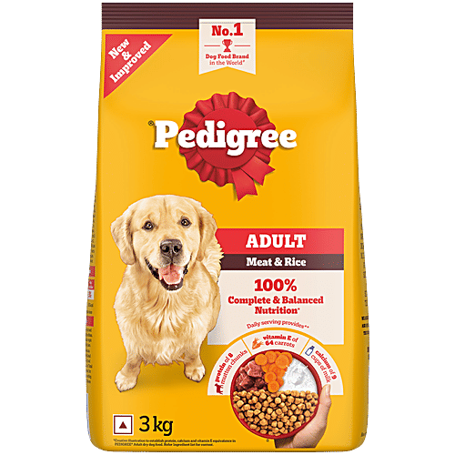 Pedigree Adult Dry Dog Food, Meat & Rice, 3 kg, 3 kg, 100% Complete & Balanced Food for Adult Dogs, 3 kg Healthy Muscles & Bones, Healthy Digestive System, Shinier Coat, High Quality Protein & Calcium