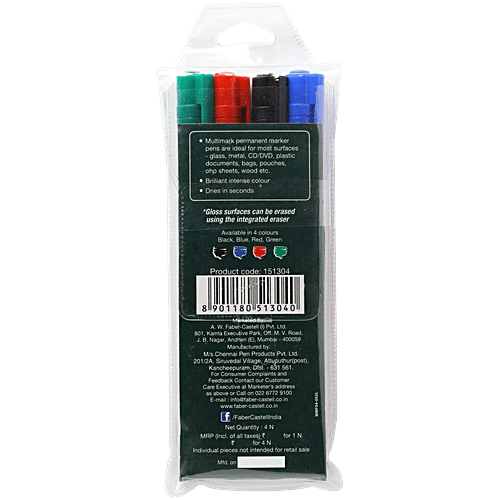 Faber castell Multi Marker Fine Tip With Eraser- Water Resistant, Fade Proof, German Ink, 1 pc (Set Of 4) Water resistant
Fade proof
German Ink