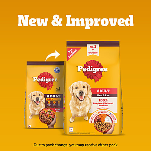 Pedigree Adult Dry Dog Food, Meat & Rice, 10 kg, 3 kg, 100% Complete & Balanced Food for Adult Dogs, 10 kg  Healthy Muscles & Bones, Healthy Digestive System, Shinier Coat, High Quality Protein & Calcium