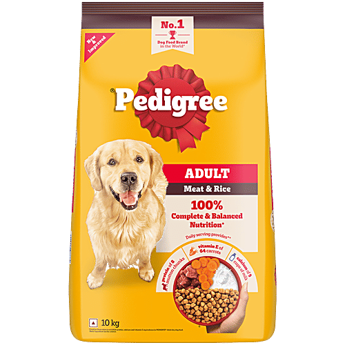 Pedigree Adult Dry Dog Food, Meat & Rice, 10 kg, 3 kg, 100% Complete & Balanced Food for Adult Dogs, 10 kg  Healthy Muscles & Bones, Healthy Digestive System, Shinier Coat, High Quality Protein & Calcium