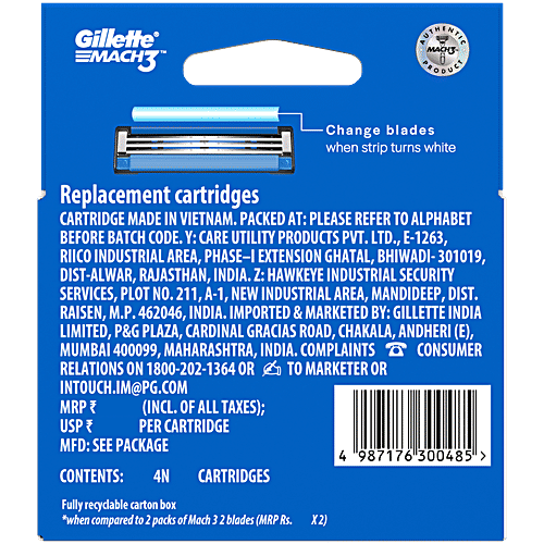 Gillette Mach 3 Razor/Refill - With Comfort Gel Bar, Micro Fin & Indicator Lubrication Strip, 4 pcs 3 High Definition Blades, More Lubricants