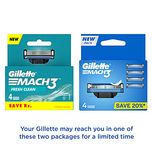 Gillette Mach 3 Razor/Refill - With Comfort Gel Bar, Micro Fin & Indicator Lubrication Strip, 4 pcs 3 High Definition Blades, More Lubricants