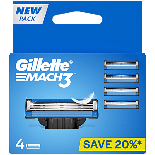 Gillette Mach 3 Razor/Refill - With Comfort Gel Bar, Micro Fin & Indicator Lubrication Strip, 4 pcs 3 High Definition Blades, More Lubricants