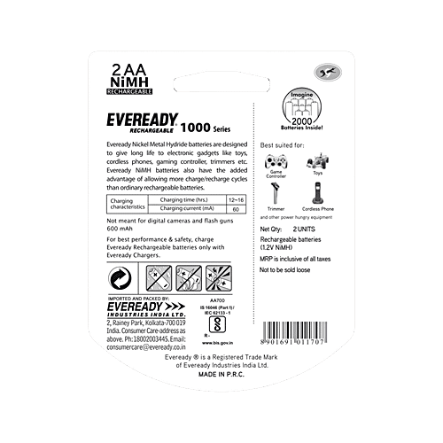 Eveready AA Rechargeable Battery - 1000 Series, 4 pcs  Ideal For High Drain Devices, Low Discharge Mechanism