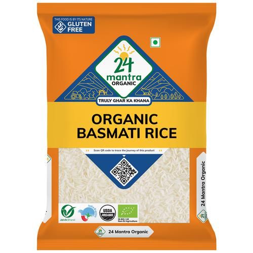 24 Mantra Organic Organic Rice/Akki - White Basmati, 1 kg Pouch Gluten Free, Grown without Synthetic Pesticides & GMOs