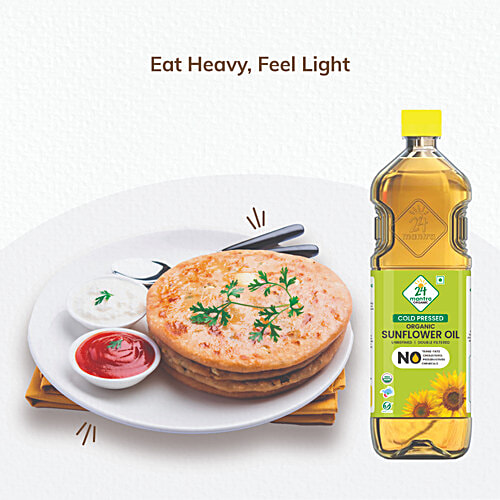 24 Mantra Organic Cold Pressed Sunflower Oil, 1 L Bottle Cholesterol & Trans Fats Free