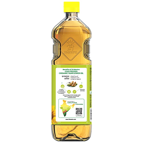 24 Mantra Organic Cold Pressed Sunflower Oil, 1 L Bottle Cholesterol & Trans Fats Free